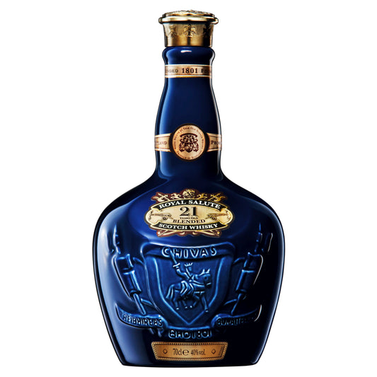A sapphire blue porcelain bottle of Chivas Royal Salute 21 Years Old Scotch Whisky with a gold-colored cap.