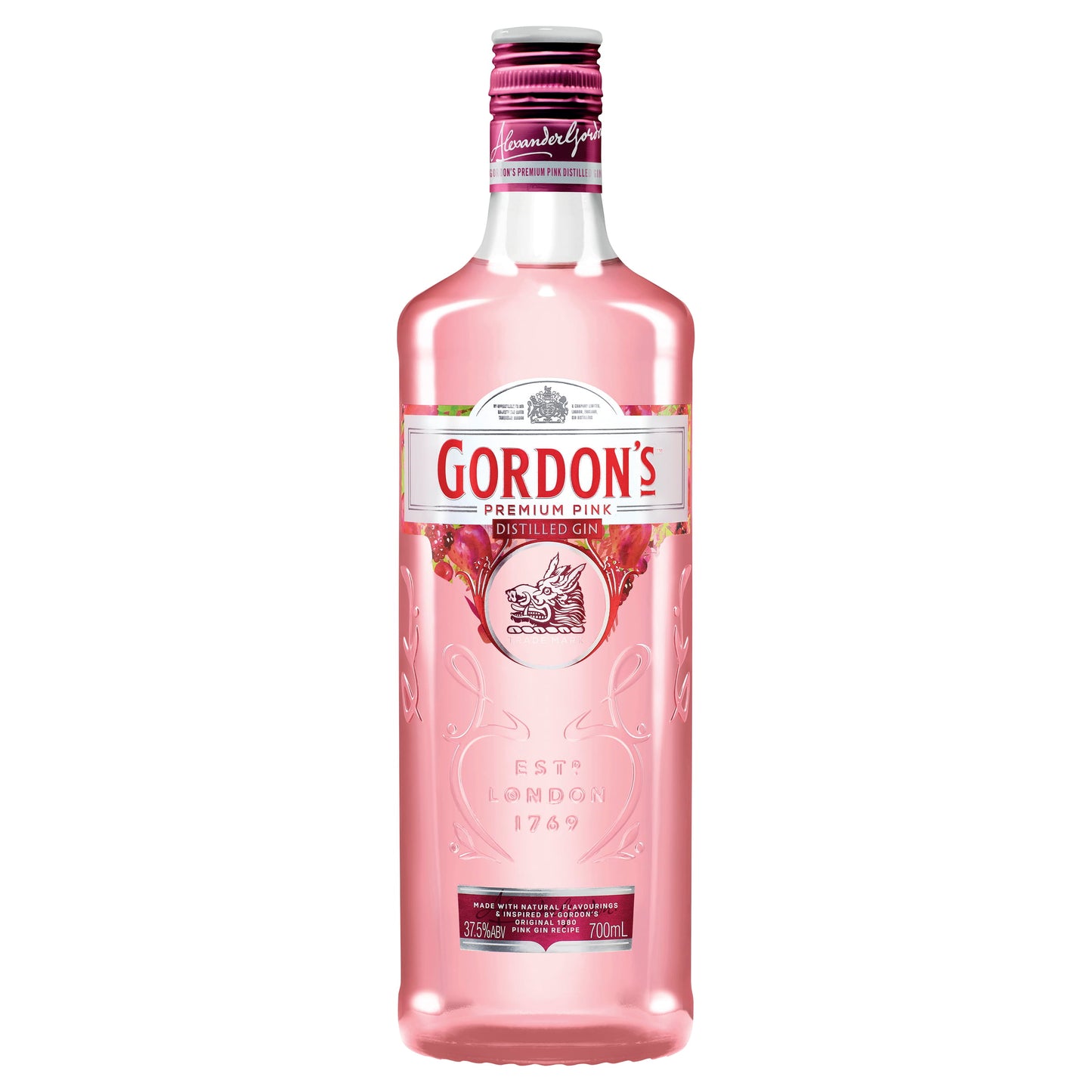 Pink bottle of Gordons Pink Gin on a white background