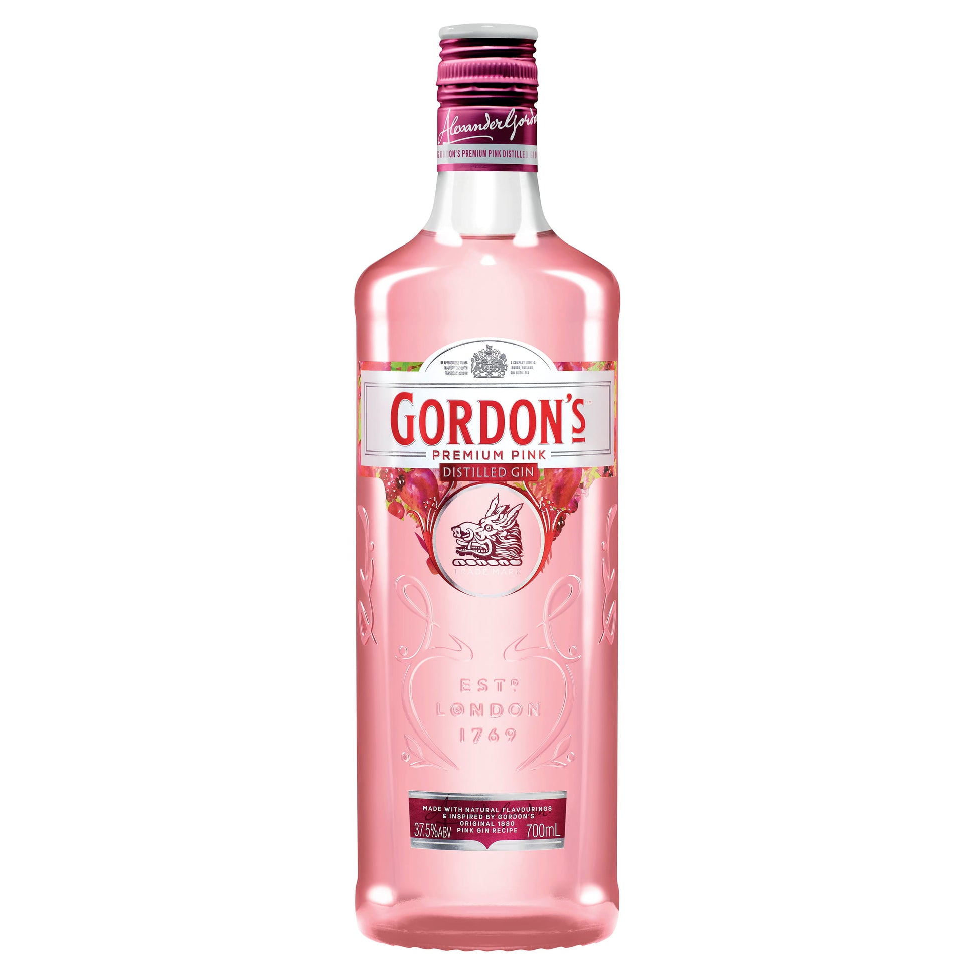 Pink bottle of Gordons Pink Gin on a white background