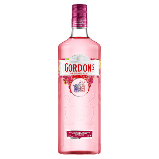1 Litre bottle of Gordon's Pink Gin on a white backround