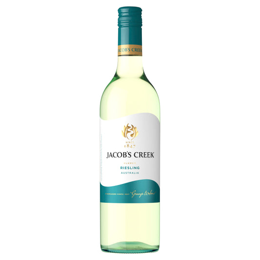 Bottle of Jacob's Creek Classic Riesling wine showcasing its fresh flavors of lime blossom and green apple, with a crisp citrus finish. Available in-store at Greystanes, Prospect & Pendle Hill, or shop online