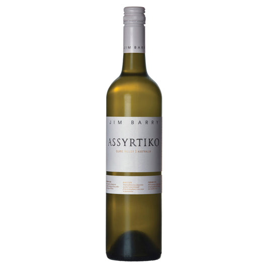 Bottle of Jim Barry Assyrtiko white wine with label and branding visible.