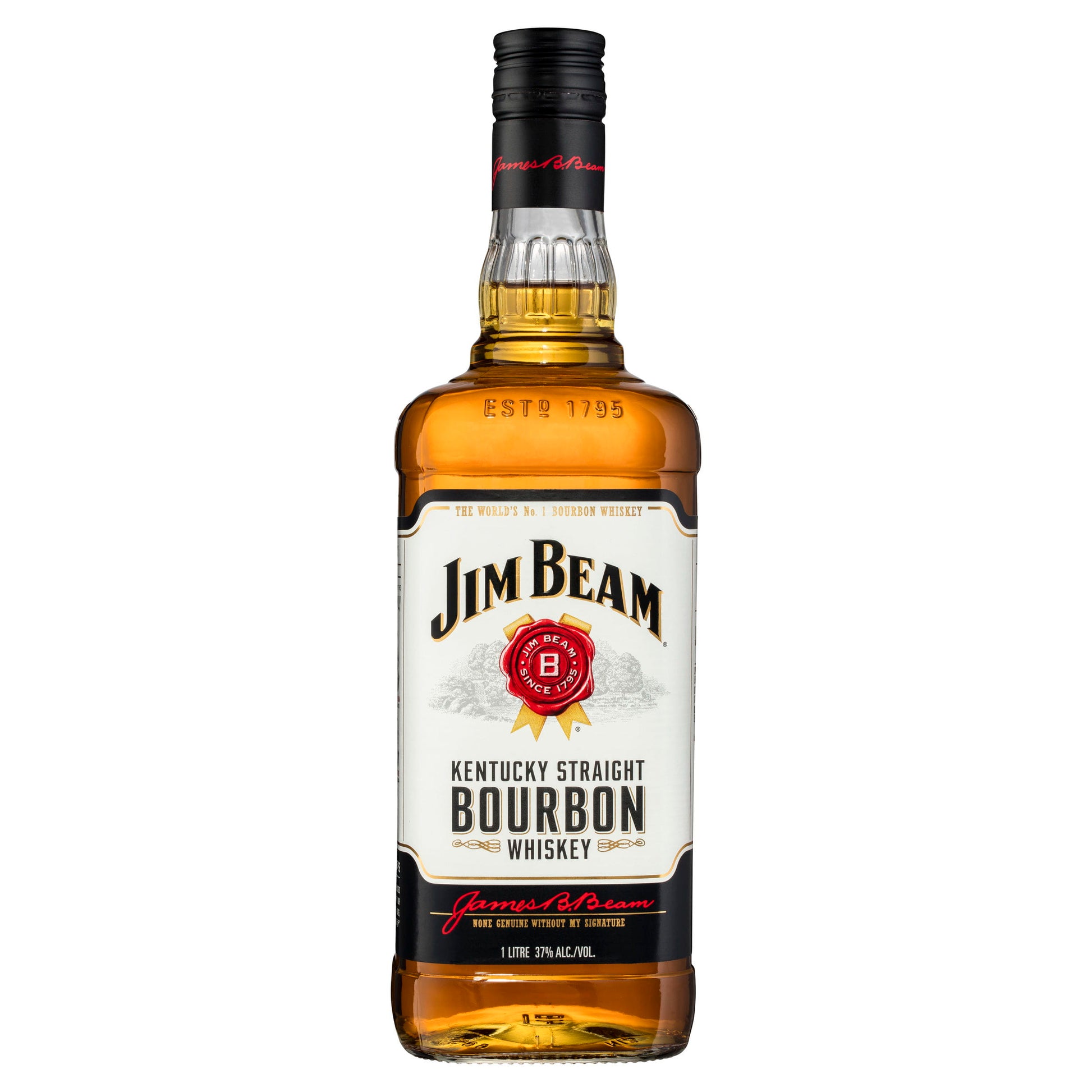 A bottle of Jim Beam Kentucky Straight Bourbon Whiskey with a yellow and red  label and black cap.
