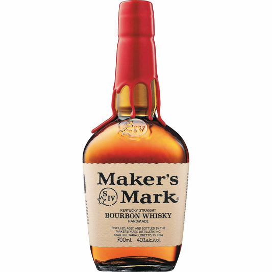 A bottle of Makers Mark Kentucky Straight Bourbon Whisky with a red cap and label.