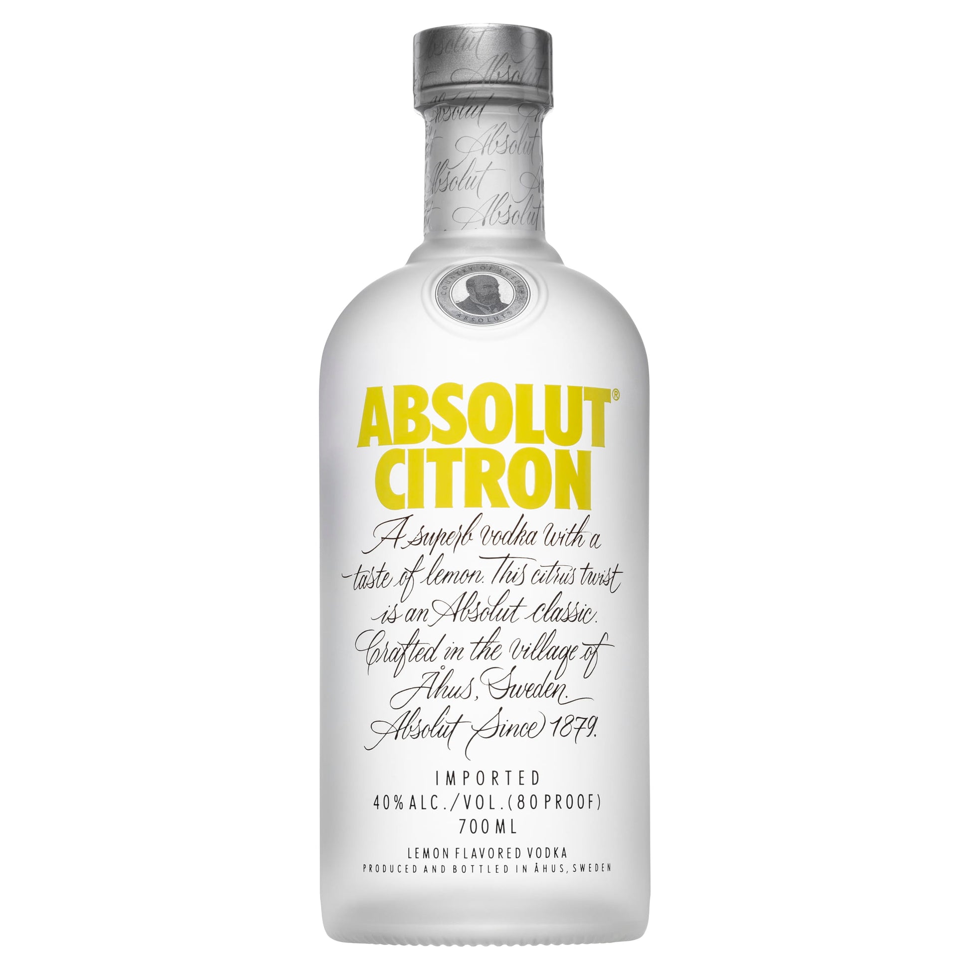 Absolut Citron vodka bottle featuring a distinctive design and bright yellow label, crafted by Absolut. This lemon-flavored vodka is popular for cocktails like the Cosmopolitan and can be enjoyed neat with ice.