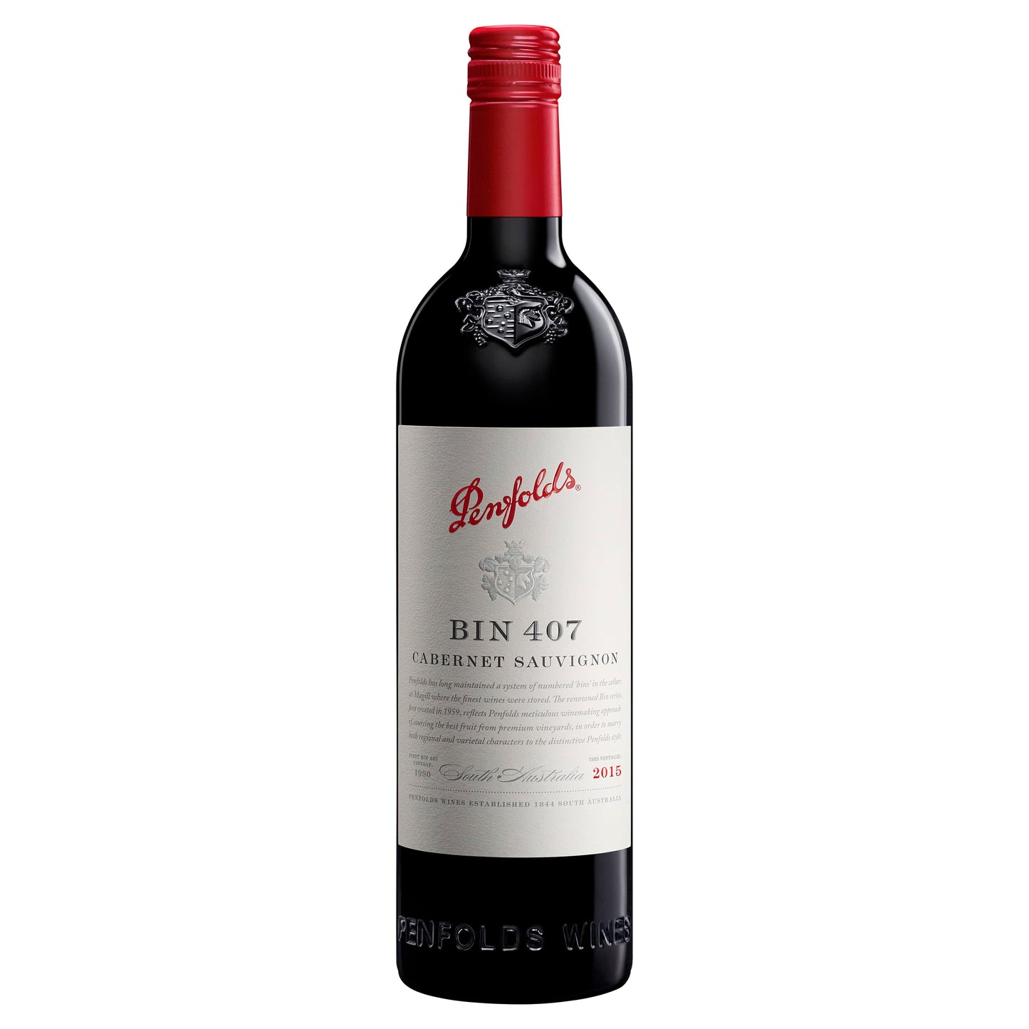 A bottle of Penfolds Bin 407 Cabernet Sauvignon with a red label and white text.