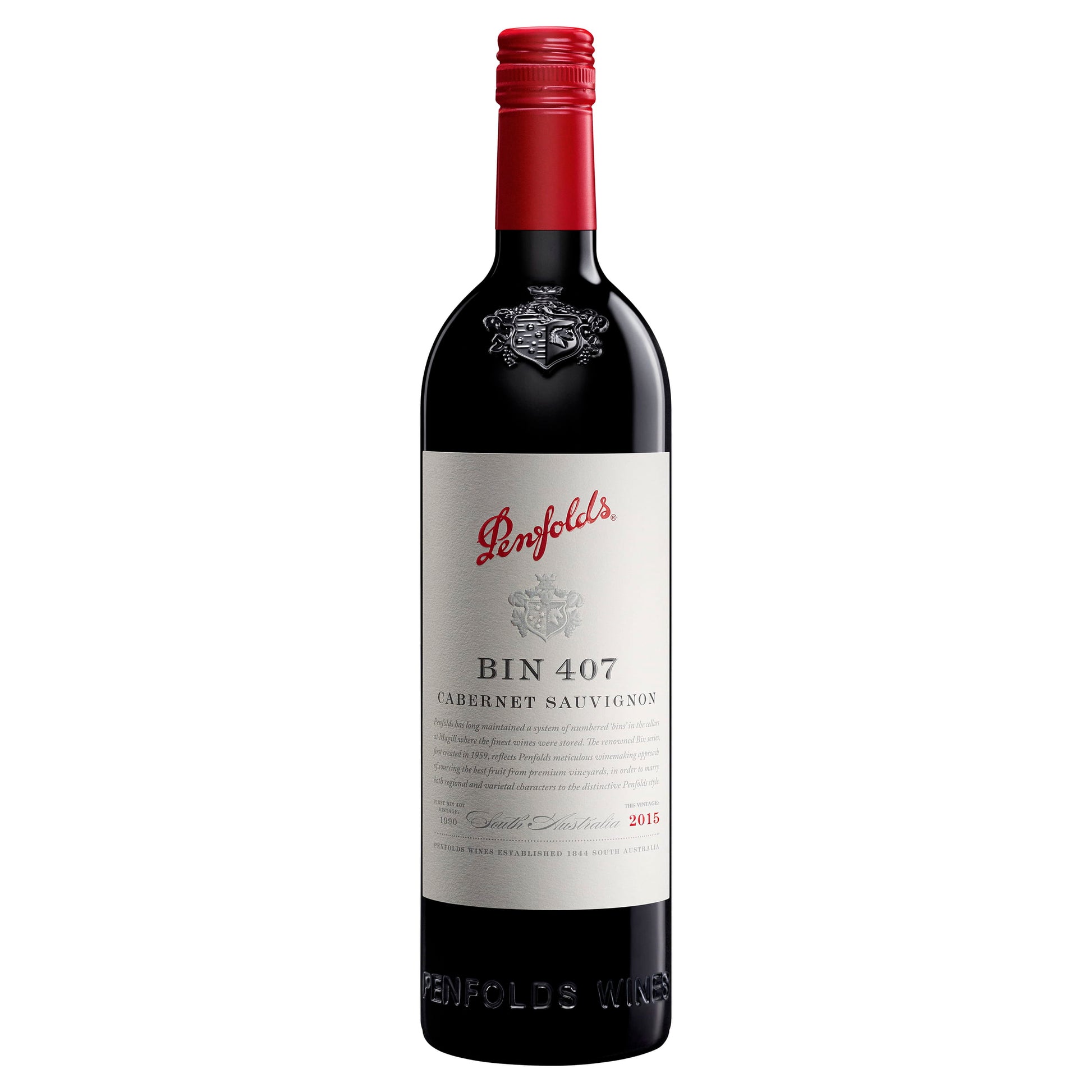 A bottle of Penfolds Bin 407 Cabernet Sauvignon with a red label and white text.