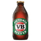 A bottle of Victoria Bitter beer with a green and red label, VB logo, on a white background.