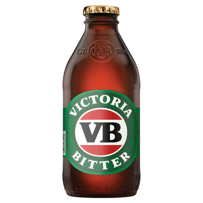 A bottle of Victoria Bitter beer with a green and red label, VB logo, on a white background.