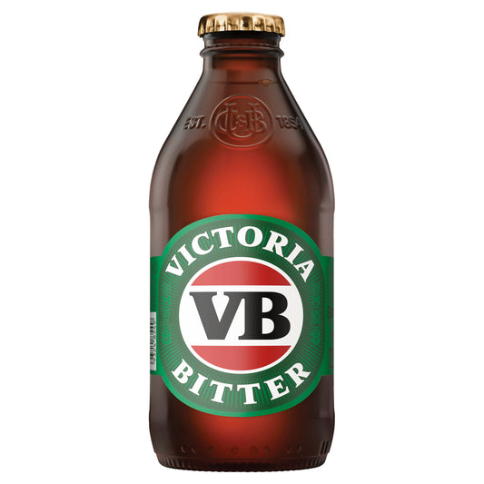 A bottle of Victoria Bitter beer with a green and red label, VB logo, on a white background.