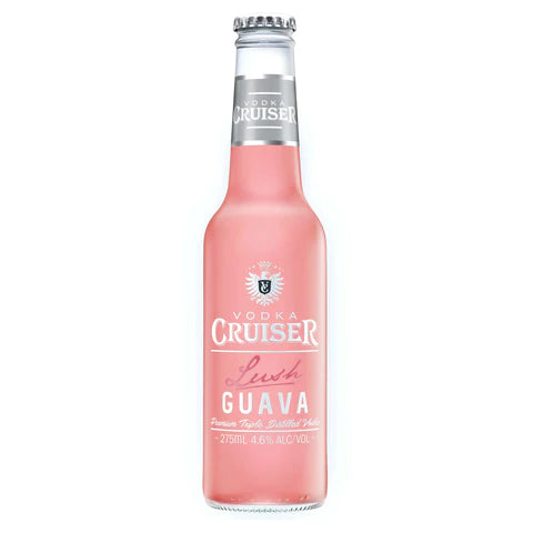 A bottle of Cruiser Lush Guava premix liquor with a pink label and guava fruit graphics.