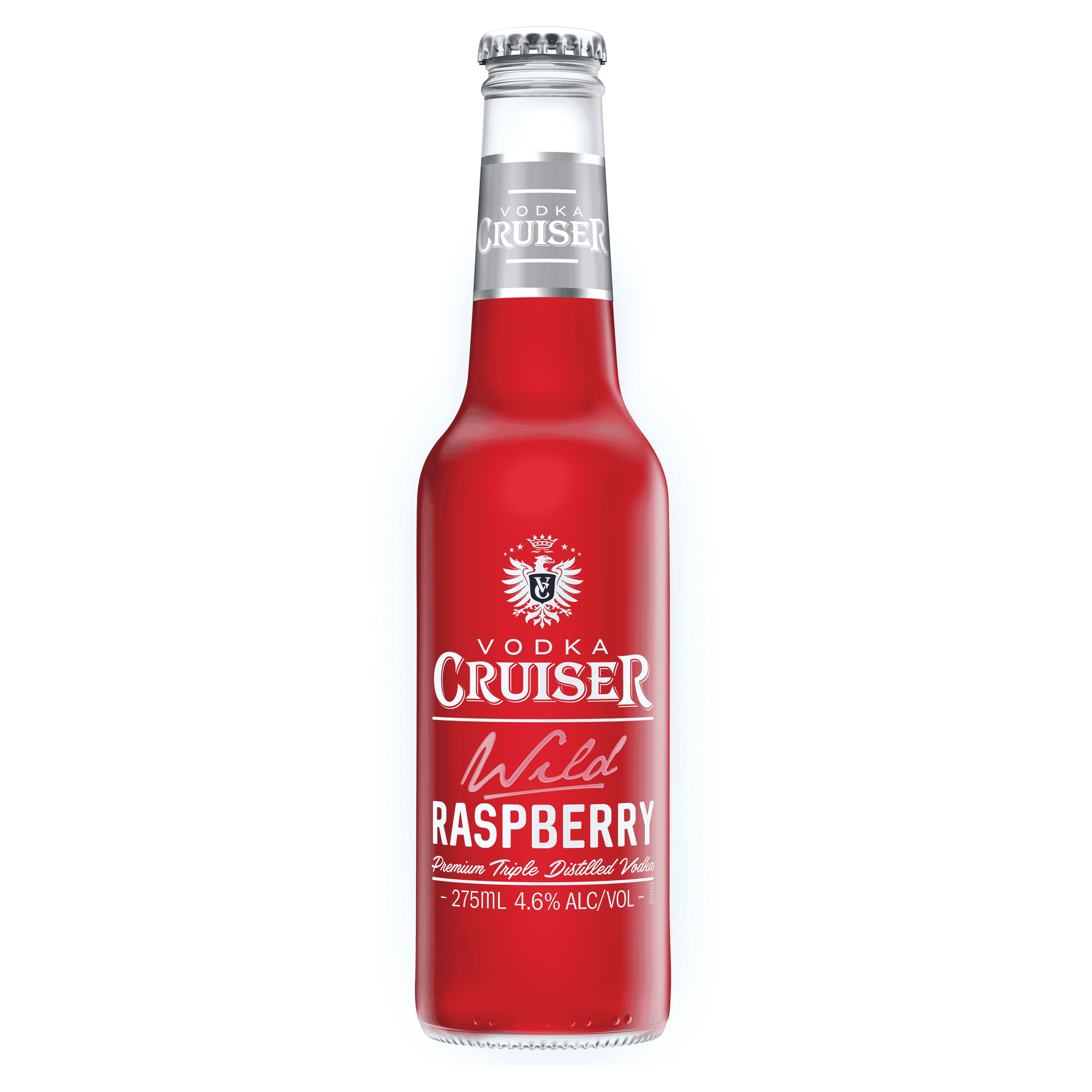A bottle of Vodka Cruiser Wild Raspberry with a red label and silver cap, indicating a fruity raspberry flavour.