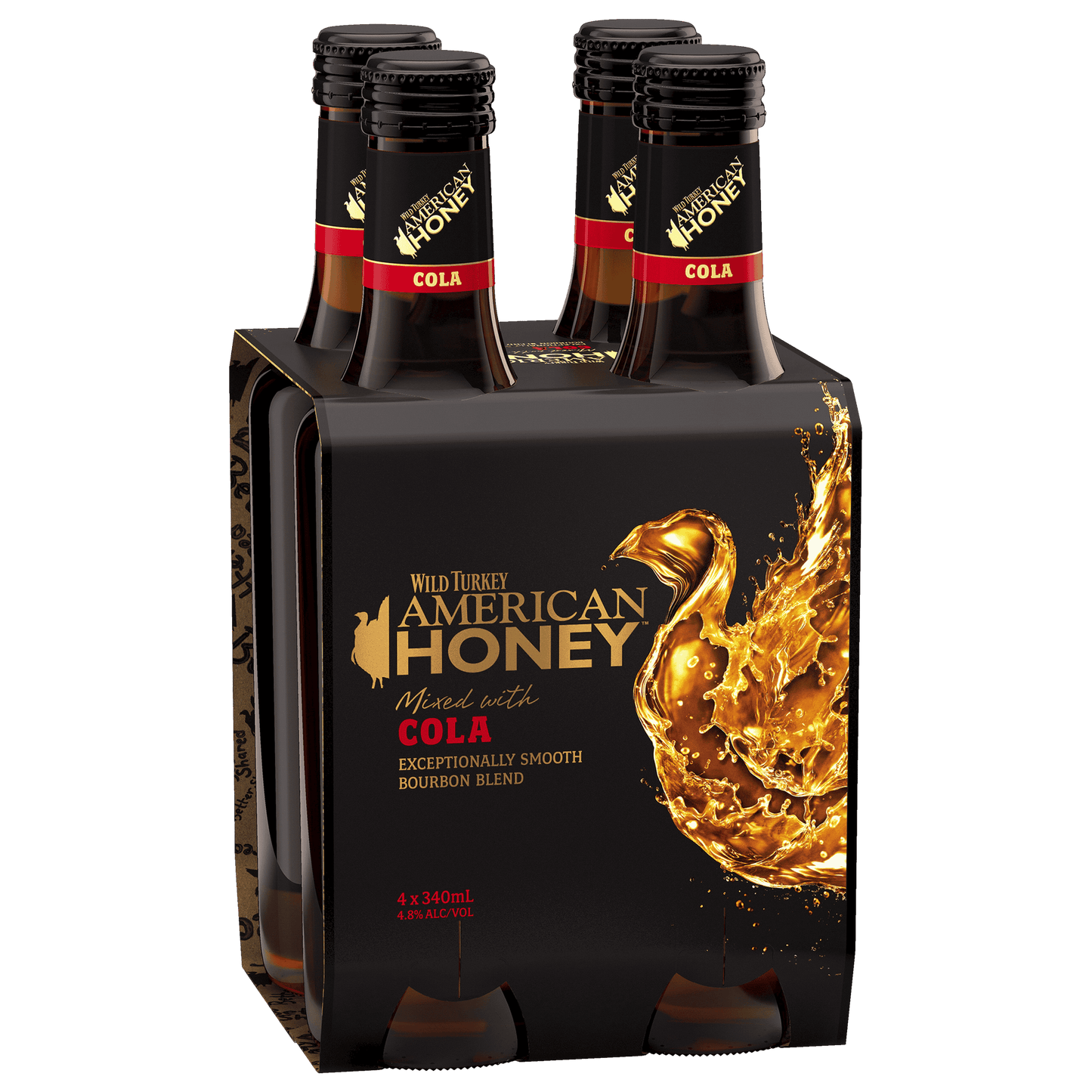 Bottles of Wild Turkey American Honey & Cola smooth bourbon whiskey premix, with packaging.