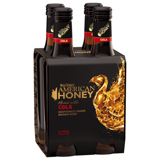 Bottles of Wild Turkey American Honey & Cola smooth bourbon whiskey premix, with packaging.