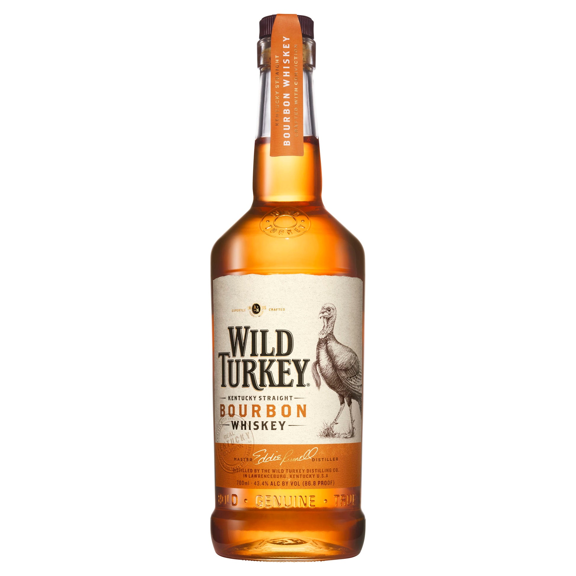 A bottle of Wild Turkey Kentucky Straight Bourbon Whiskey with a label depicting a turkey and the name of the whiskey visible.