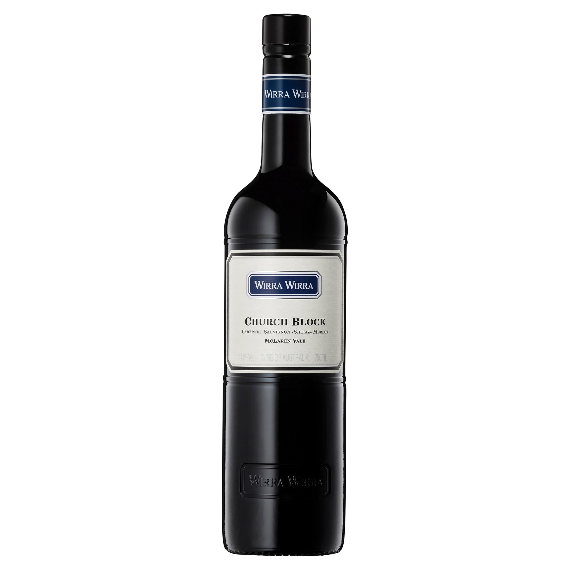 A bottle of Wirra Wirra Church Block Cabernet Sauvignon Shiraz Merlot red wine with a label displaying the brand and variety name.