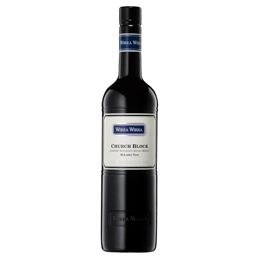 A bottle of Wirra Wirra Church Block Cabernet Sauvignon Shiraz Merlot red wine with a label displaying the brand and variety name.