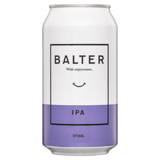 A can of Balter IPA with a white, purple, and black color scheme. The can indicates a volume of 375 mL and includes the text 'with enjoyment' and 'IPA'.