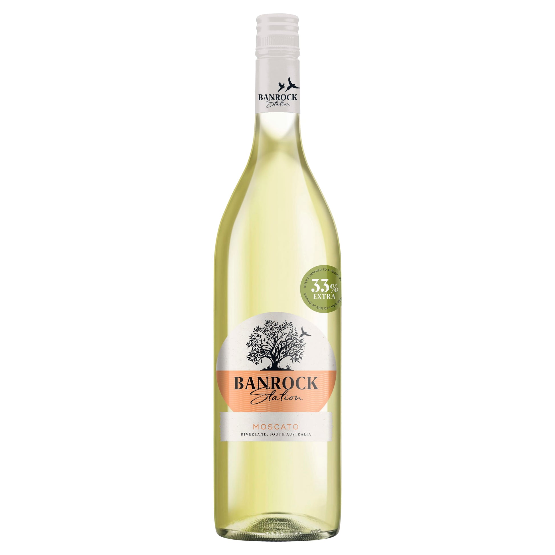 Bottle of Banrock Station Moscato white wine with a label showing the brand, variety, and alcohol content.