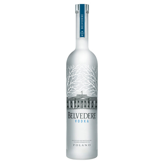 A bottle of Belvedere Vodka with a label depicting the Belvedere Palace. The bottle is tall with a narrow neck and a white label with silver text and accents.