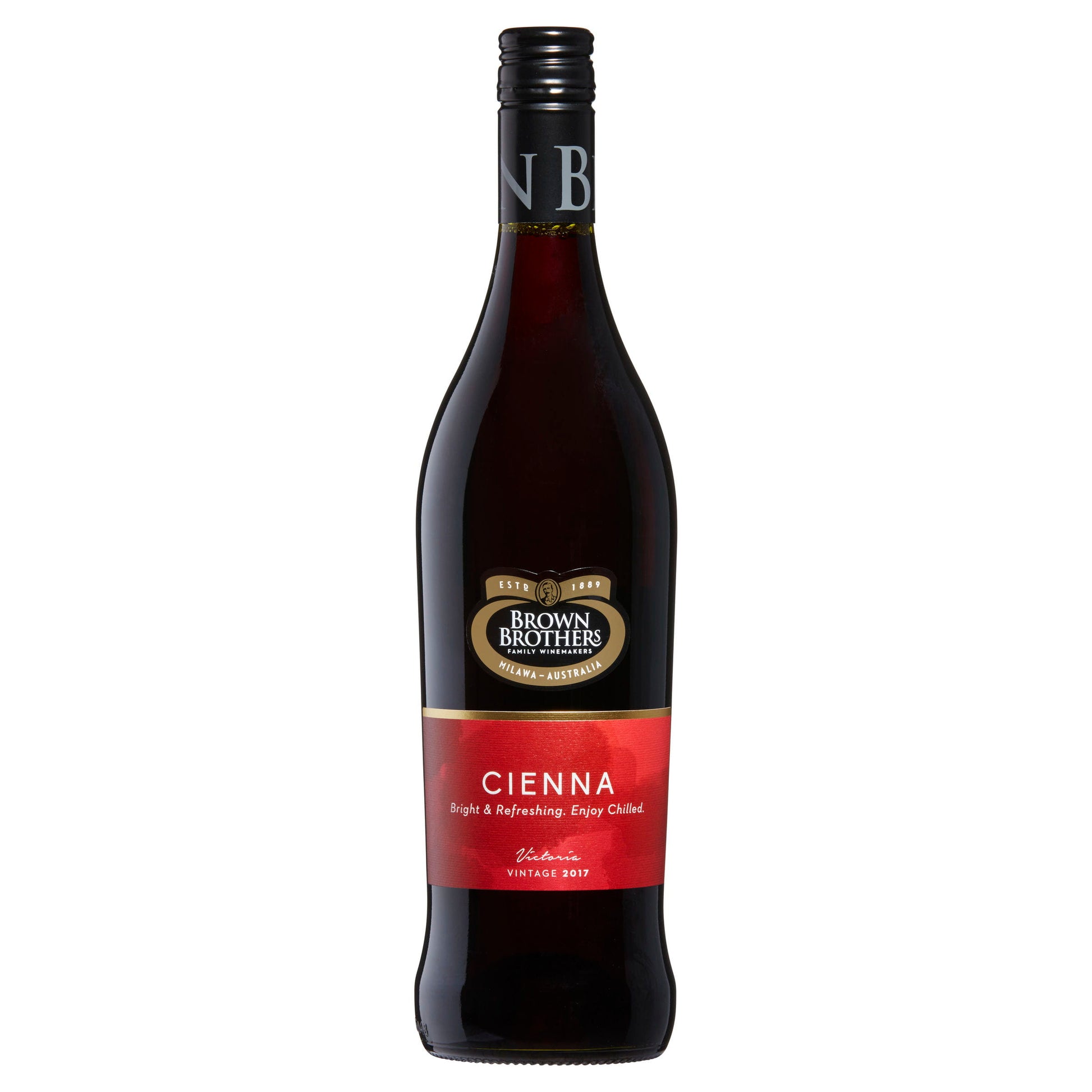 A bottle of Brown Bros Cienna wine with a label predominantly in red and black colors.