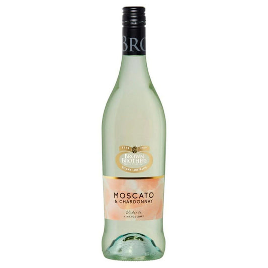 A bottle of Brown Bros Moscato Chardonnay wine with a clear view of the label which shows the brand, variety, and vintage.