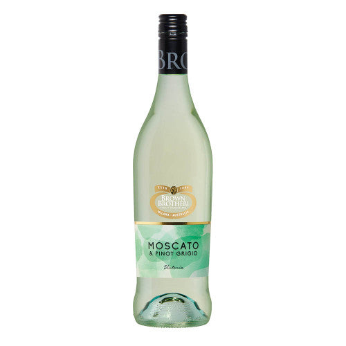 A bottle of Brown Bros Moscato Pinot Grigio white wine.