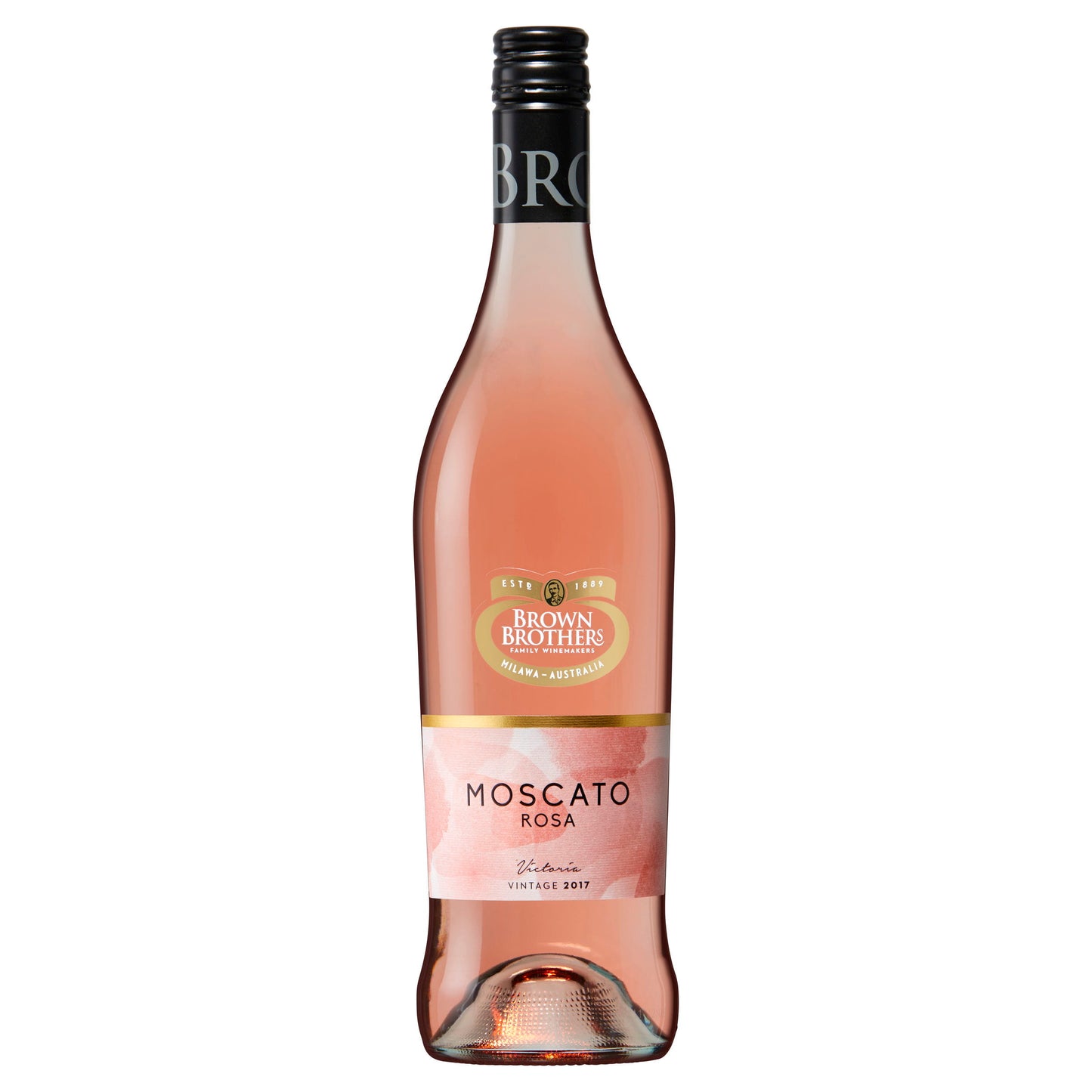 A bottle of Brown Bros Moscato Rose wine with a vibrant strawberry pink hue.
