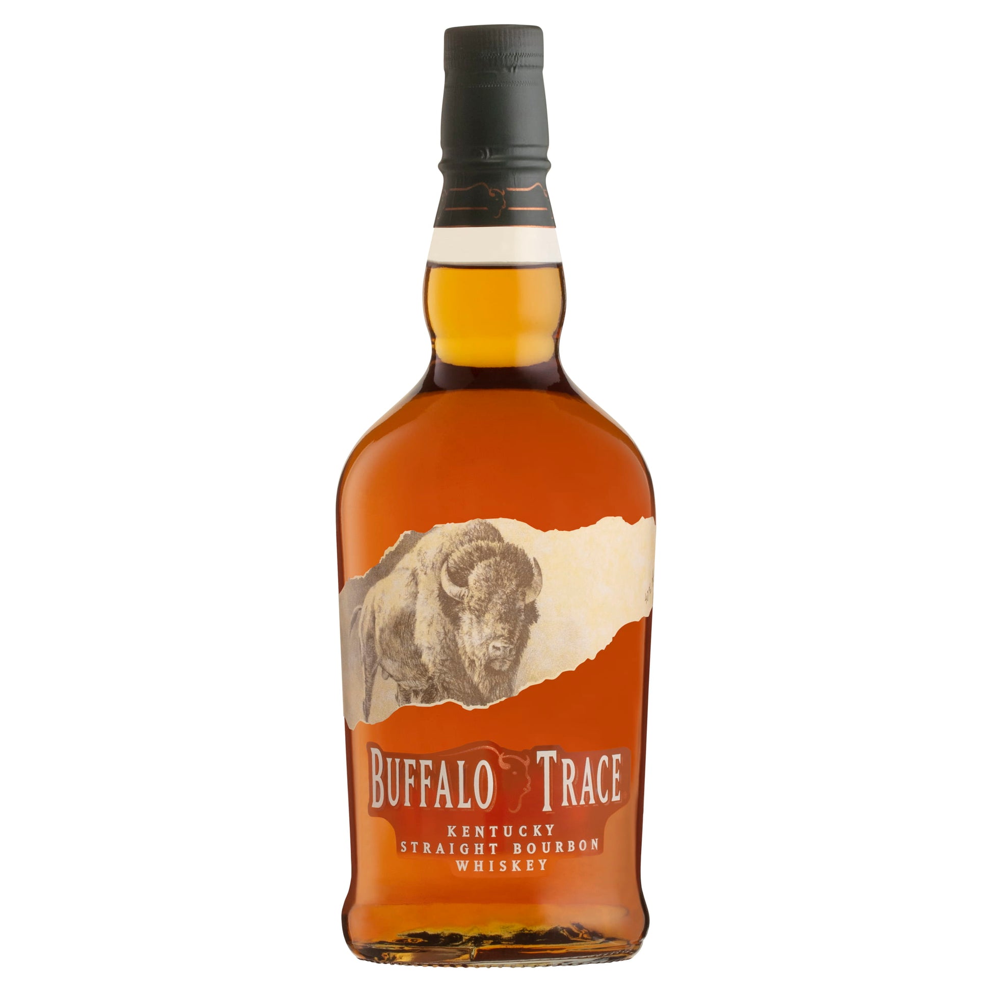 A bottle of Buffalo Trace Kentucky straight bourbon whiskey.