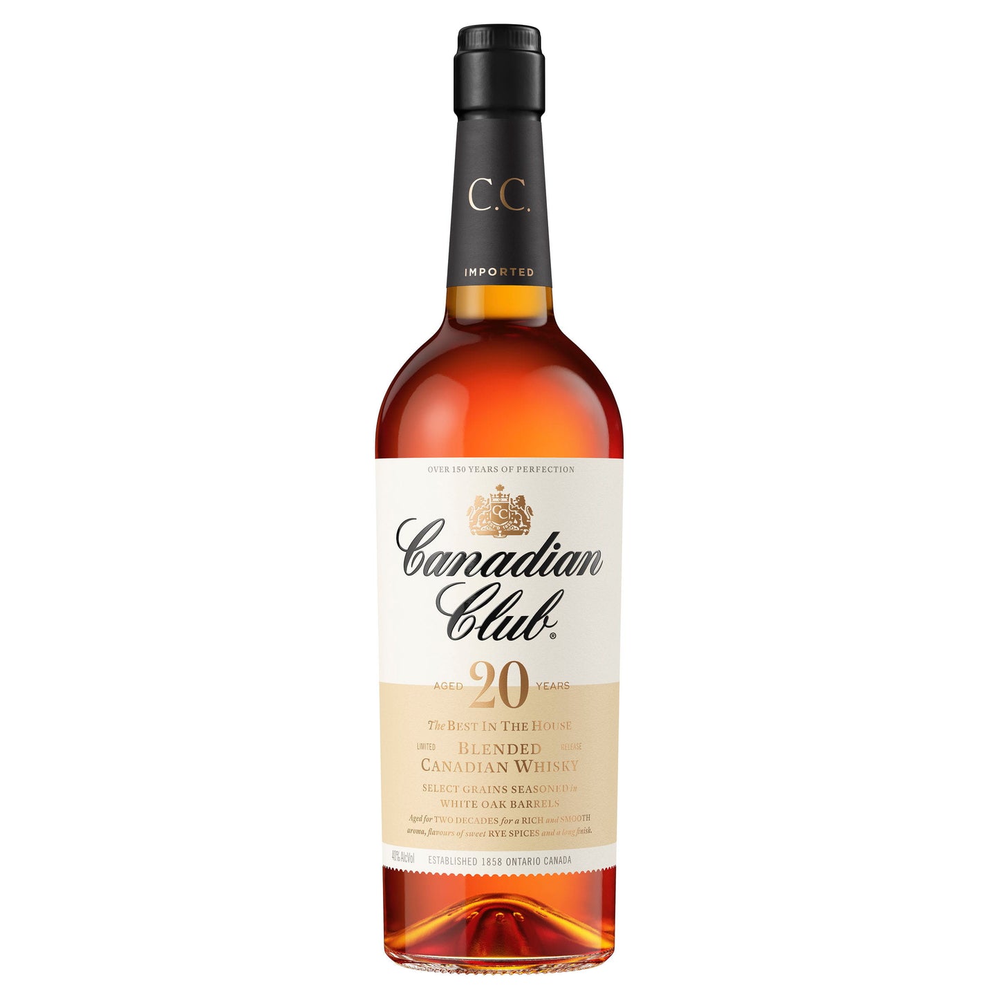 A bottle of Canadian Club 20yo whiskey with a clear label and cap, displaying the amber-colored whisky inside.