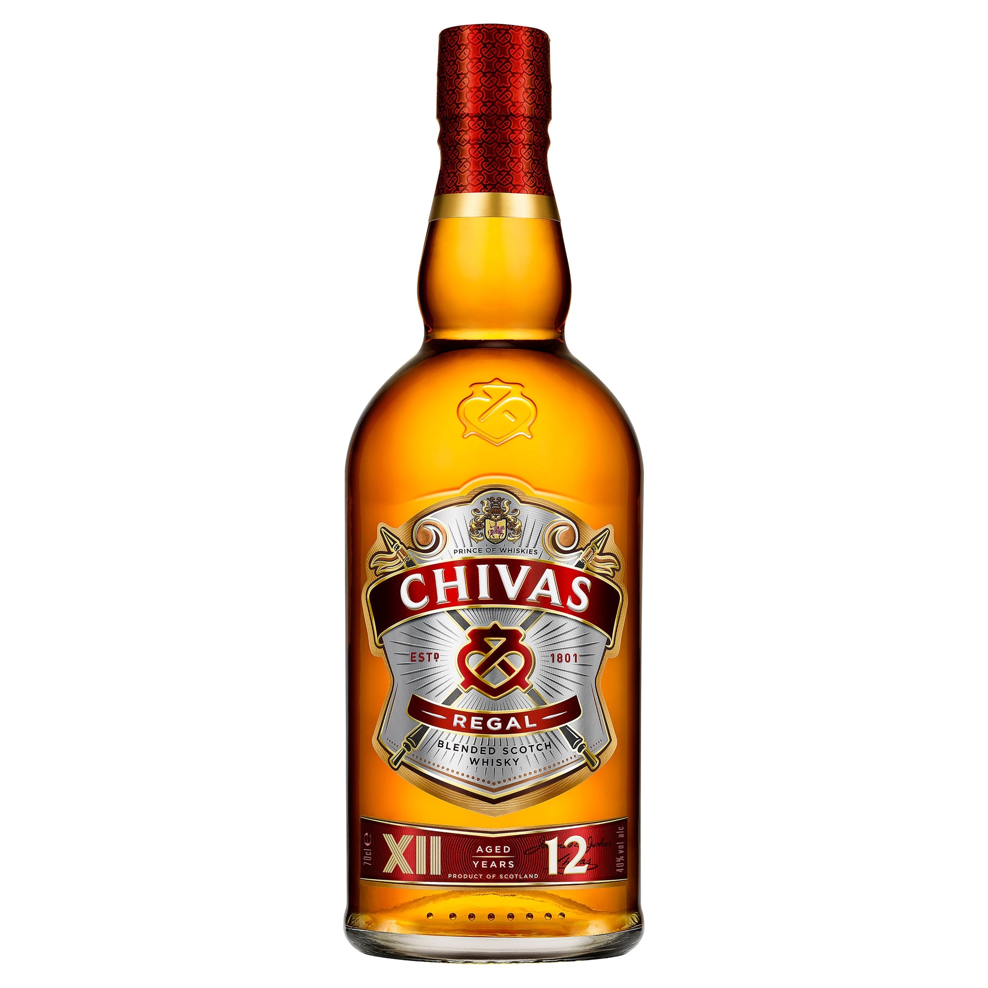 A bottle of Chivas Regal 12 Year Old blended Scotch Whisky with a red cap and label featuring the brand name and '12' signifying the age.