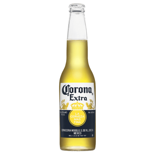 A bottle of Corona Extra showcasing its smooth and well-rounded flavour profile, perfect for garnishing with a wedge of lime to enhance its delightful citrus aroma.