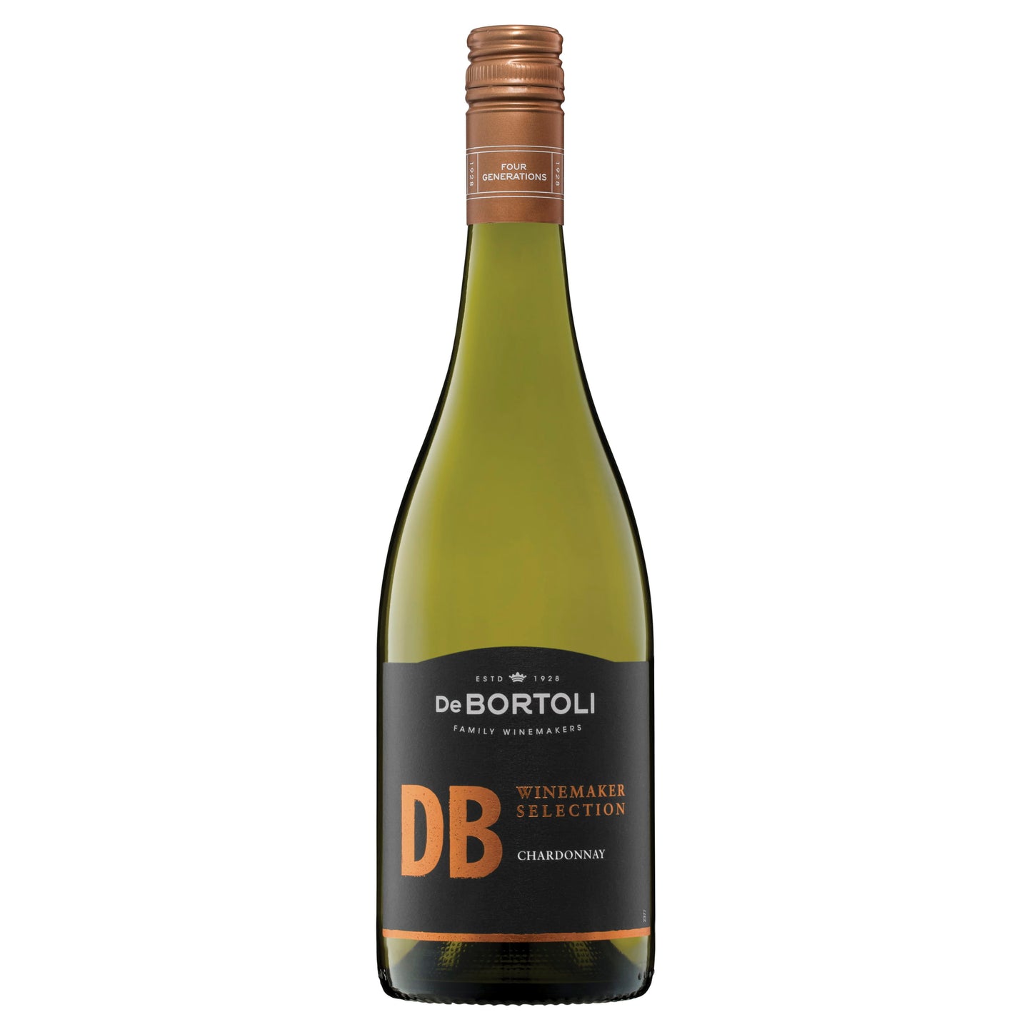 A bottle of De Bortoli Winemaker Selection Chardonnay with a label that includes the brand name and the variety of the wine. The bottle is upright and has a golden hue, indicative of its golden delicious apple flavor.