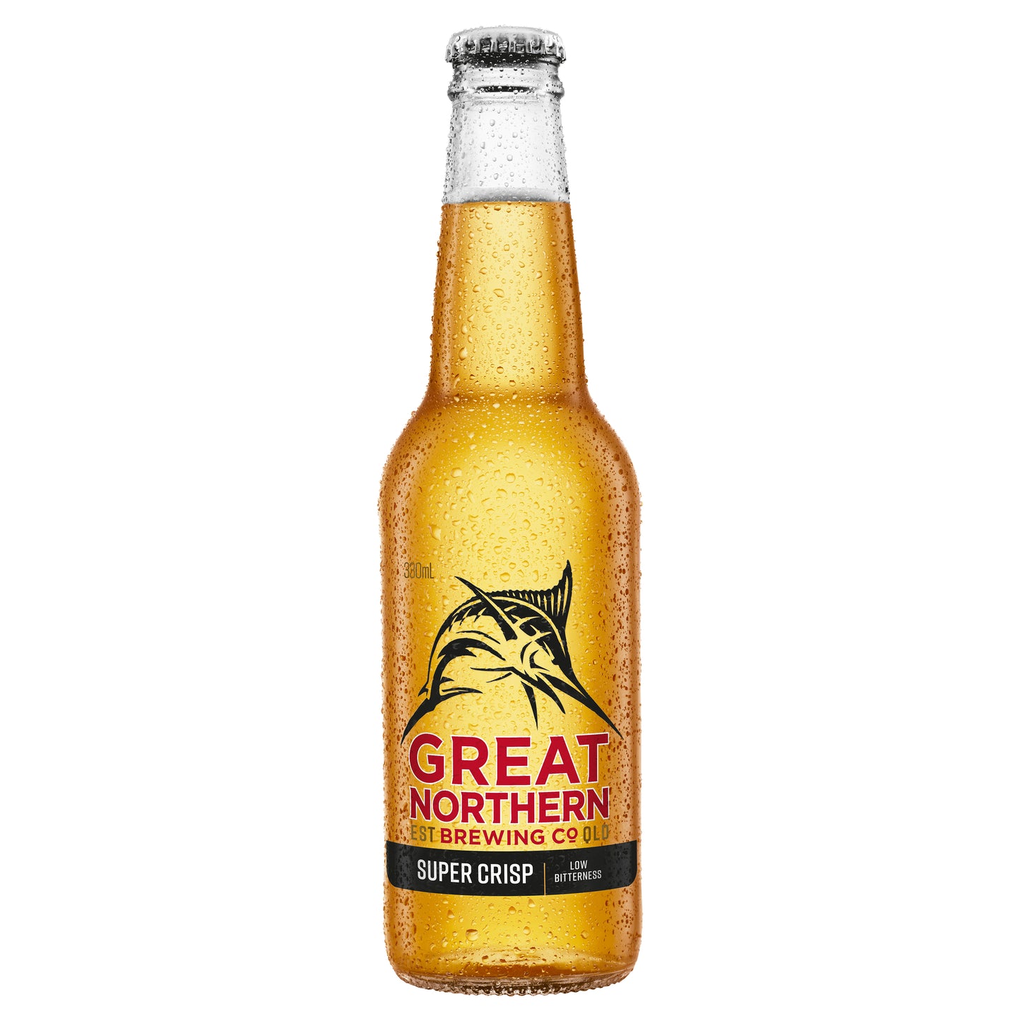 A glass bottle of Great Northern Super Crisp beer with a yellow label and logo.