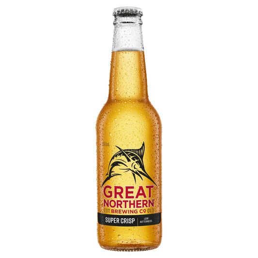A glass bottle of Great Northern Super Crisp beer with a yellow label and logo.