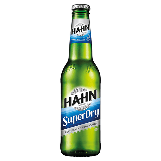 A bottle of Hahn SuperDry beer with a predominantly green label and blue text.