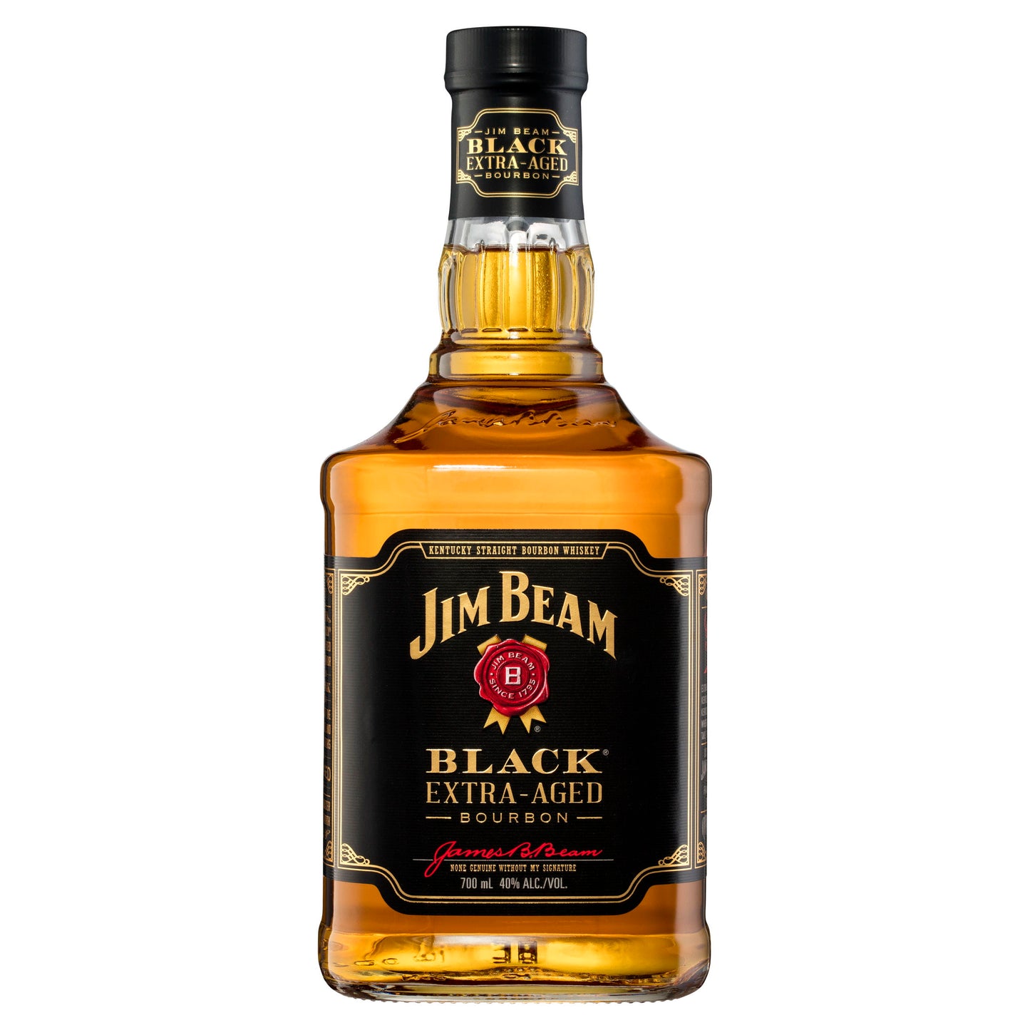 A bottle of Jim Beam Black Extra Aged bourbon whiskey.