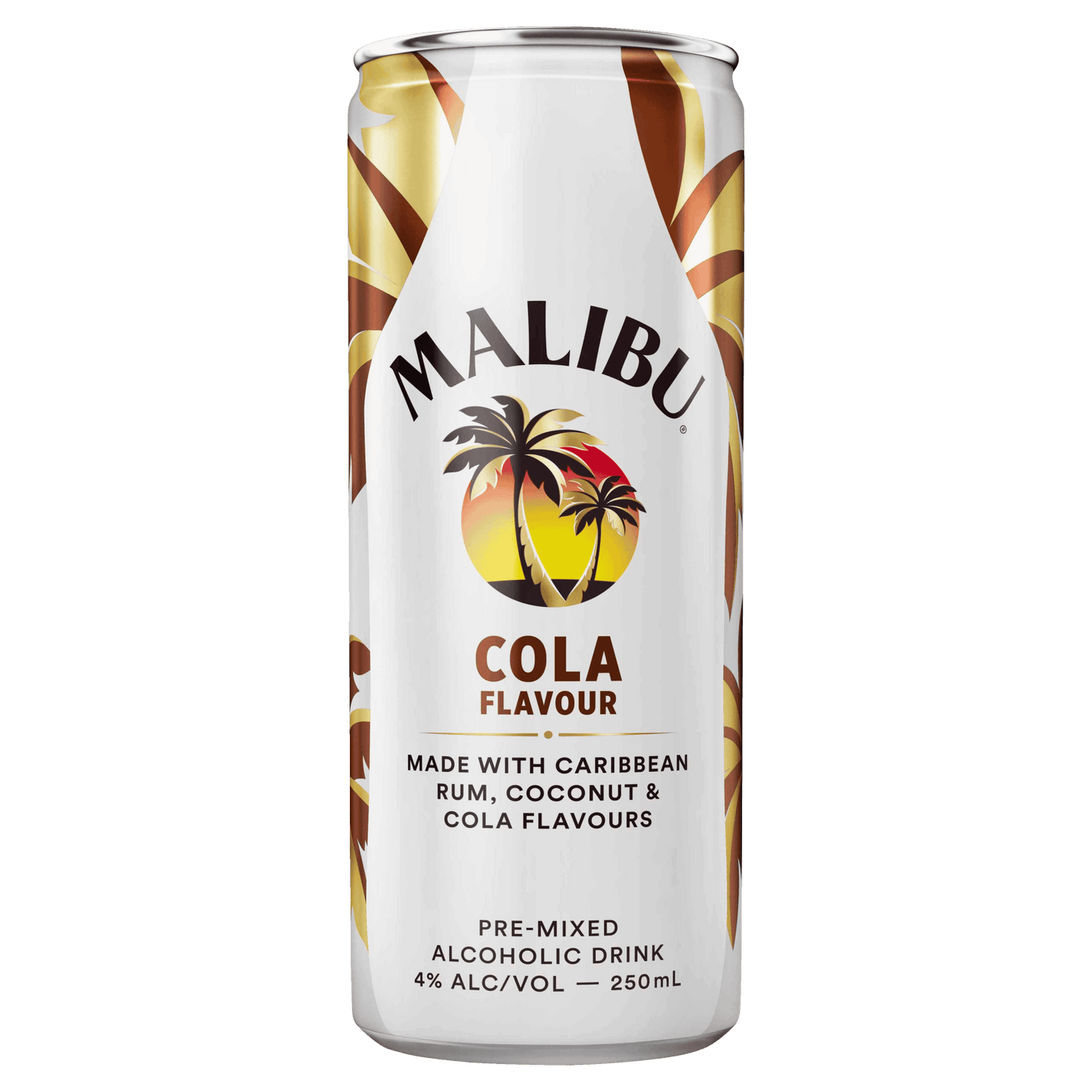 A can of Malibu Cola flavour alcoholic drink with a tropical design, indicating it contains Caribbean rum, coconut and cola flavours.
