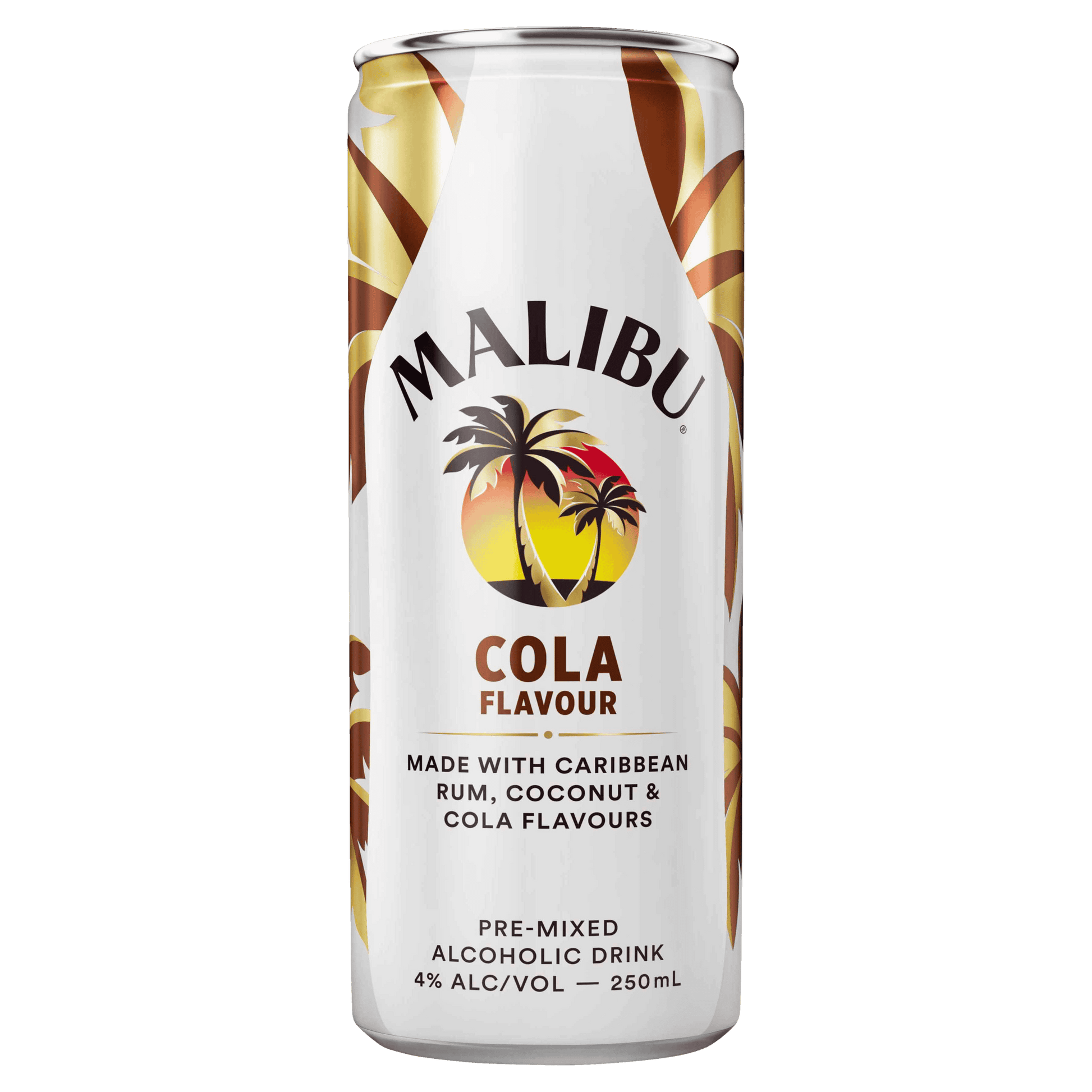 A can of Malibu Cola flavour alcoholic drink with a tropical design, indicating it contains Caribbean rum, coconut and cola flavours.