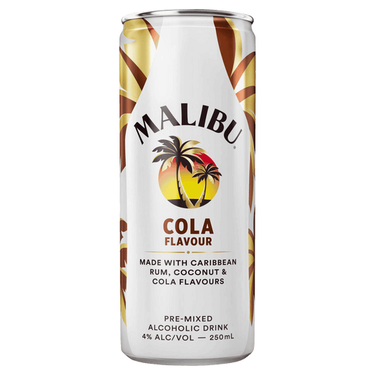 A can of Malibu Cola flavour alcoholic drink with a tropical design, indicating it contains Caribbean rum, coconut and cola flavours.