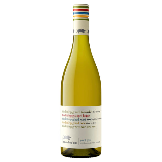 A bottle of Squealing Pig Pinot Gris white wine with a label that includes text and a graphic of a pig.