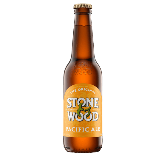 A bottle of Stone & Wood Pacific Ale with a label that has orange, yellow, and green colors and text.
