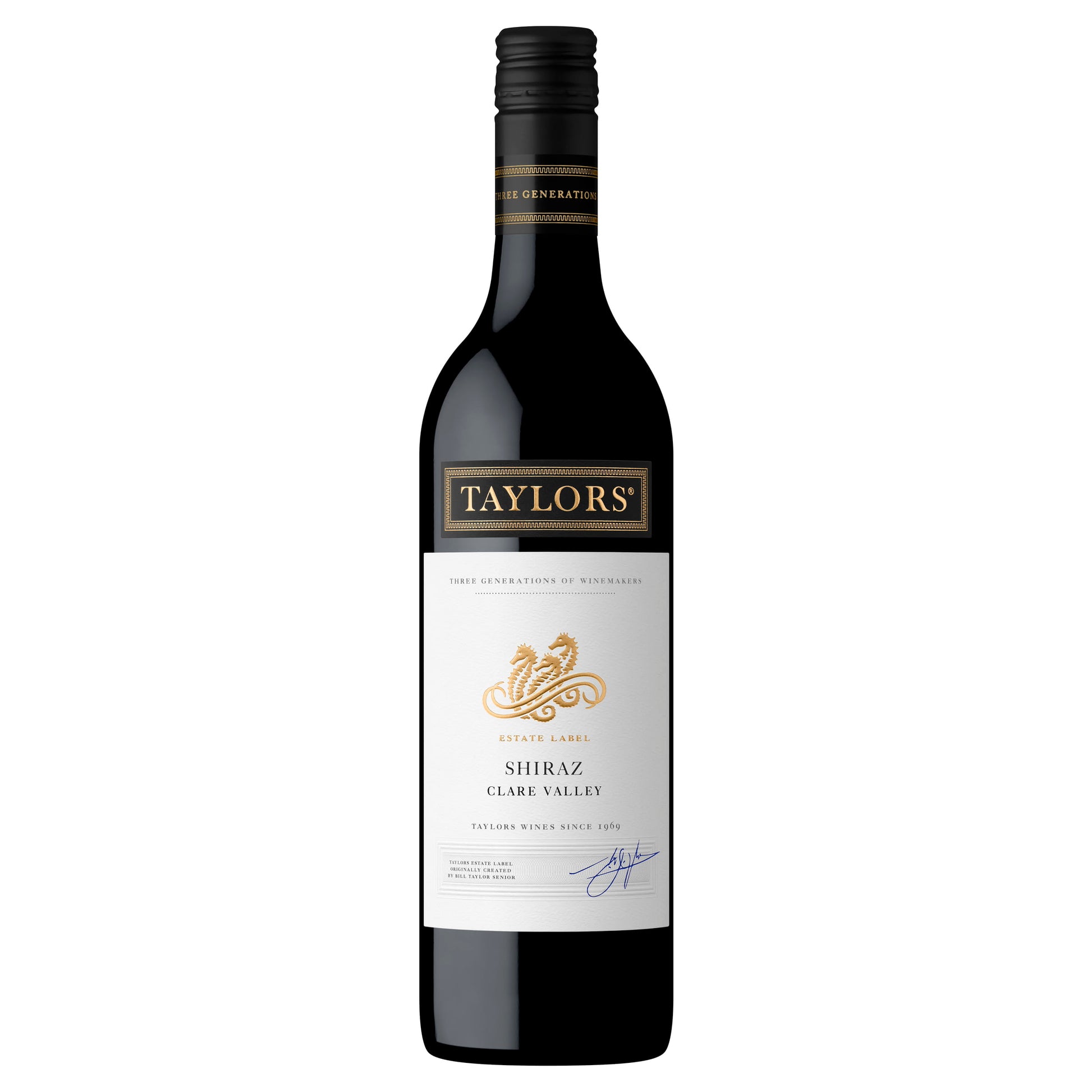 A bottle of Taylors Estate Shiraz wine with a dark label and gold text, indicating the variety and brand.