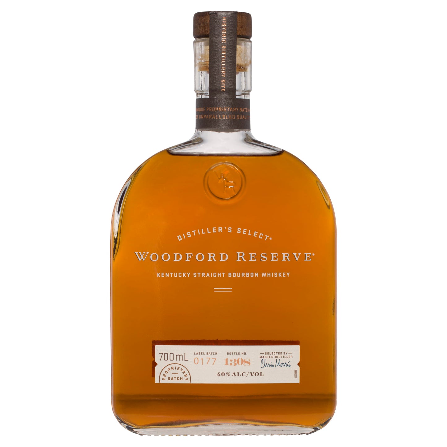 A bottle of Woodford Reserve Kentucky Straight Bourbon Whiskey, with a label and cap visible, against a plain background.