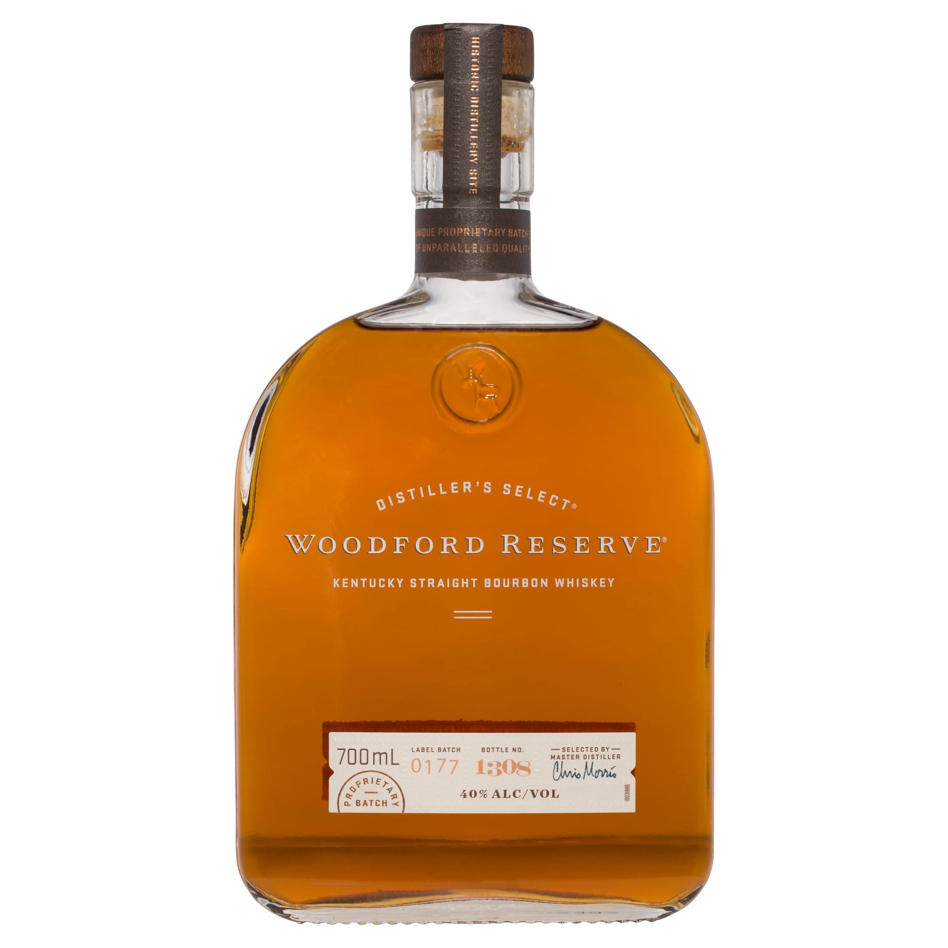 A bottle of Woodford Reserve Kentucky Straight Bourbon Whiskey, with a label and cap visible, against a plain background.
