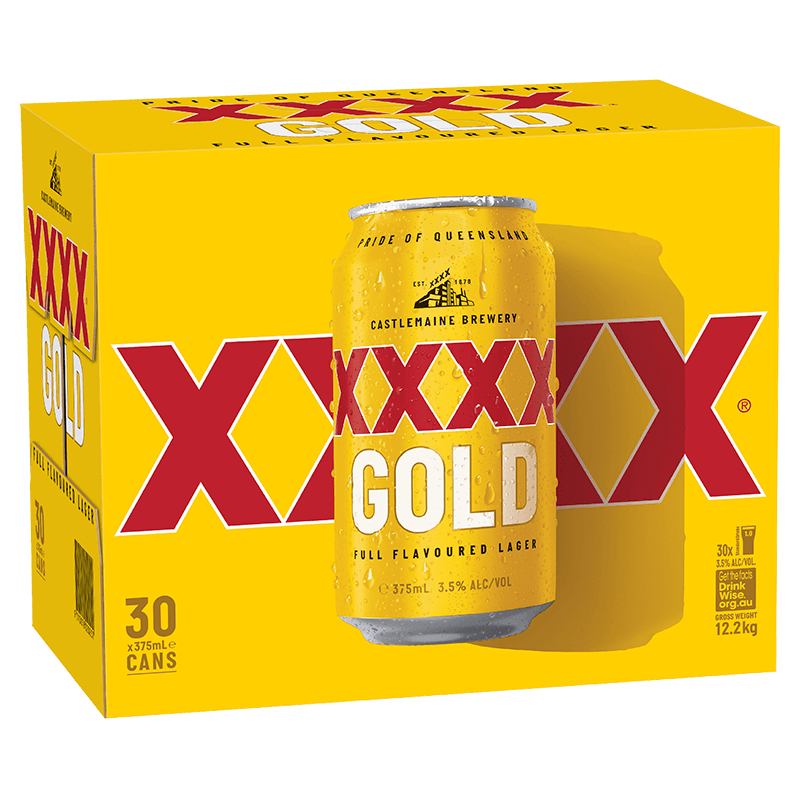 A pack of 30 cans of XXXX Gold beer in a yellow carton with the brand logo prominently displayed.