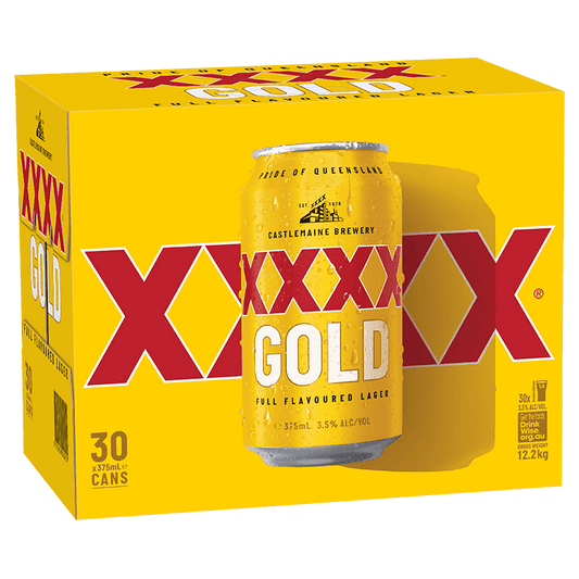A pack of 30 cans of XXXX Gold beer in a yellow carton with the brand logo prominently displayed.